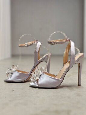 Crystal Embellished Silver Satin High Heel Sandals With Ankle Strap & Peep Toe F